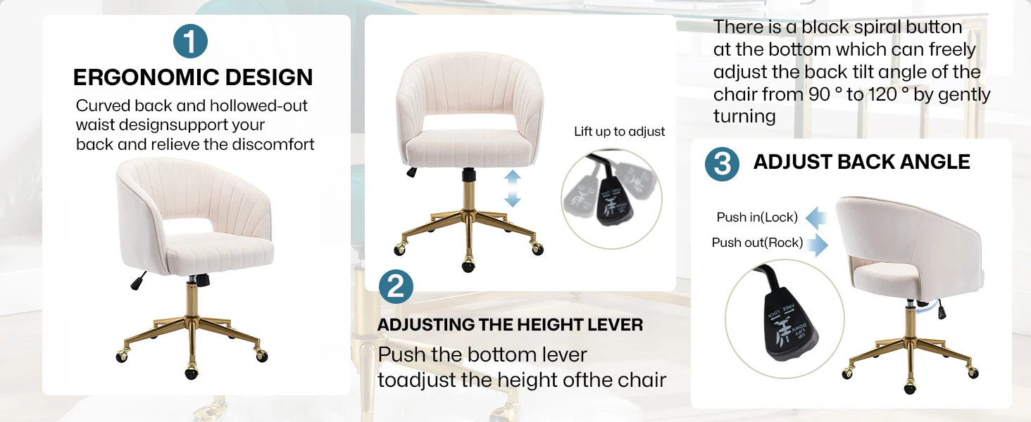 Home Office Swivel Velvet Desk Chair Modern Tufted Accent Armchair with Gold Base Ergonomic Computer Task Stool for Living Room