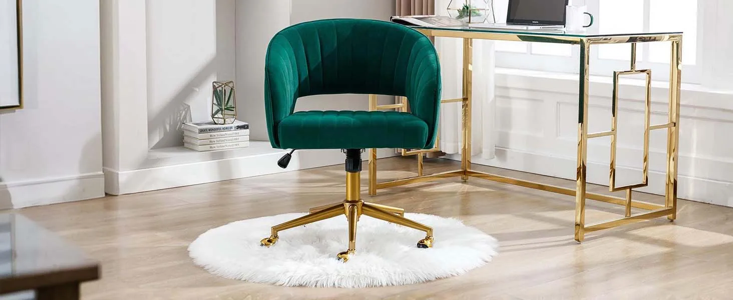 Home Office Swivel Velvet Desk Chair Modern Tufted Accent Armchair with Gold Base Ergonomic Computer Task Stool for Living Room
