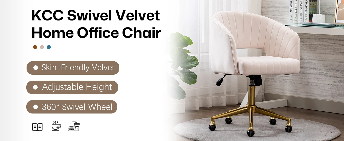 Home Office Swivel Velvet Desk Chair Modern Tufted Accent Armchair with Gold Base Ergonomic Computer Task Stool for Living Room