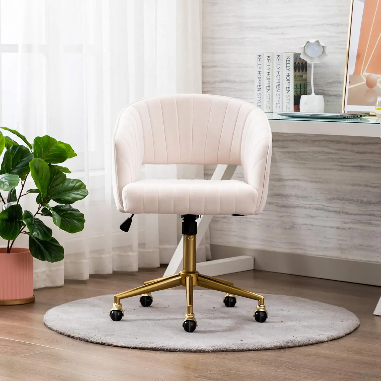 Home Office Swivel Velvet Desk Chair Modern Tufted Accent Armchair with Gold Base Ergonomic Computer Task Stool for Living Room