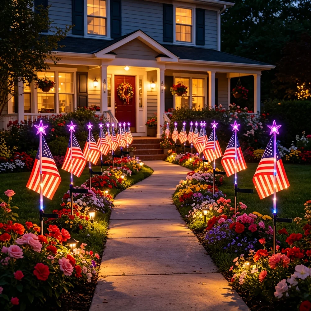 2/4/6 Pack Independence Day Patriotic Solar Lights, 90Lm IP65, American Flag Stake Light & Red White Blue Solar String Lights, for 4Th of July Memorial Day Veterans Day Decor