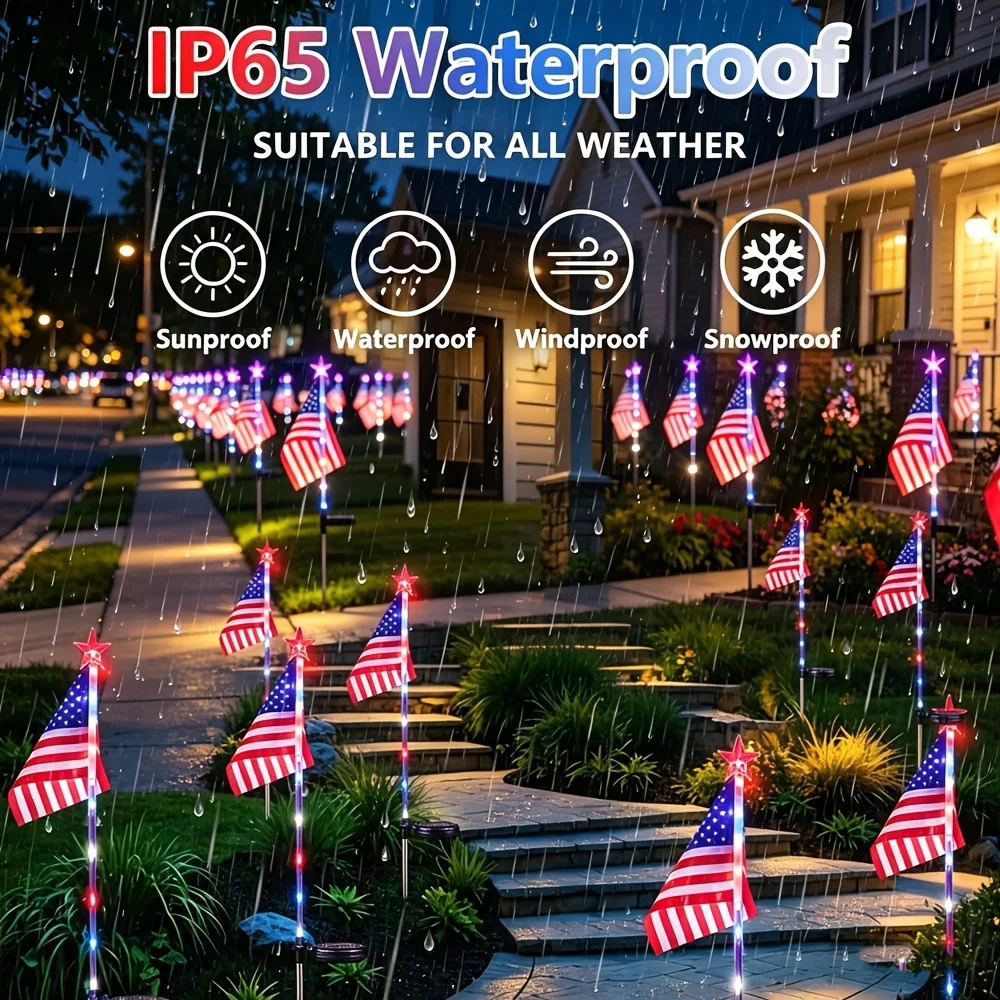 2/4/6 Pack Independence Day Patriotic Solar Lights, 90Lm IP65, American Flag Stake Light & Red White Blue Solar String Lights, for 4Th of July Memorial Day Veterans Day Decor