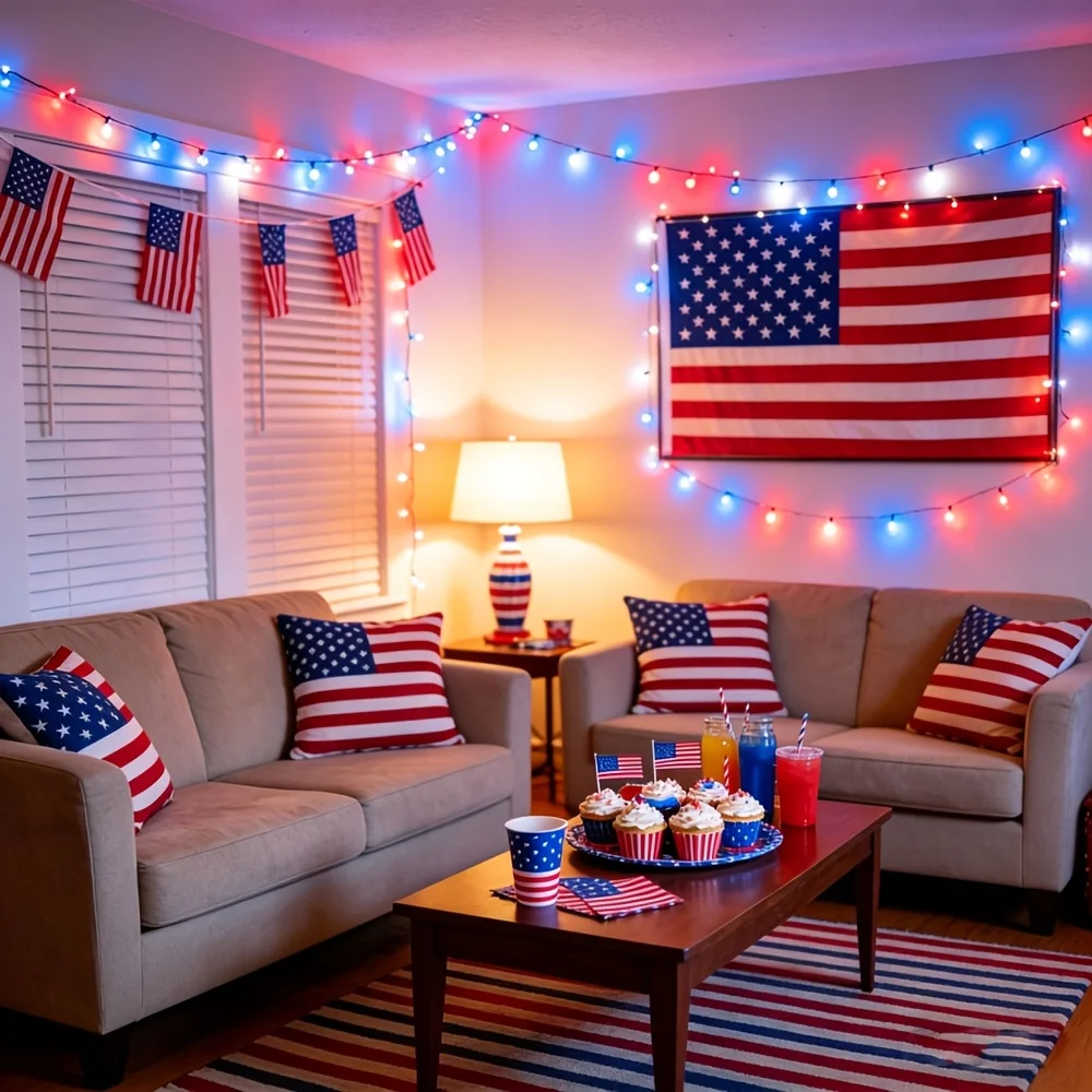 2/4/6 Pack Independence Day Patriotic Solar Lights, 90Lm IP65, American Flag Stake Light & Red White Blue Solar String Lights, for 4Th of July Memorial Day Veterans Day Decor