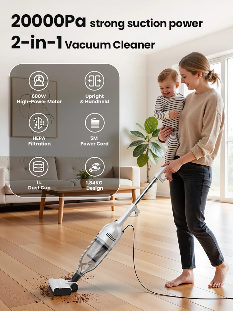 Vastorm R7 Corded Vacuum Cleaner 600W 20Kpa Powerful Suction Household Handheld Stick Vacuum Portable 3 in 1 Lightweight Cleaner 5M Long Cable Bagless Upright Vacuum for Hardwood Floor Carpet Pet Hair Cleaning