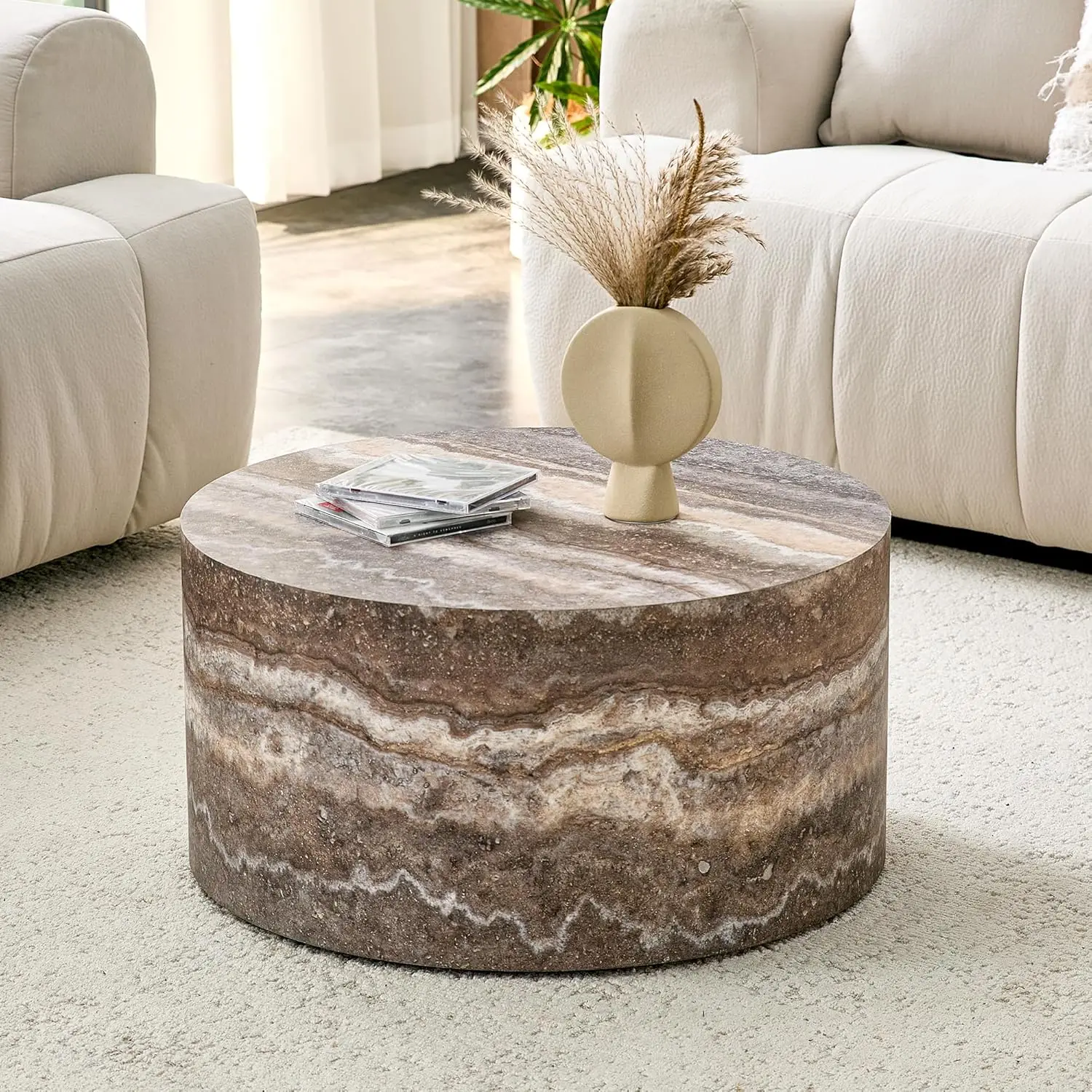 Round Coffee Table, 23.6" Modern Grey Faux Marble Drum Coffee Table, Round Accent Center Table for Living Room, Customized