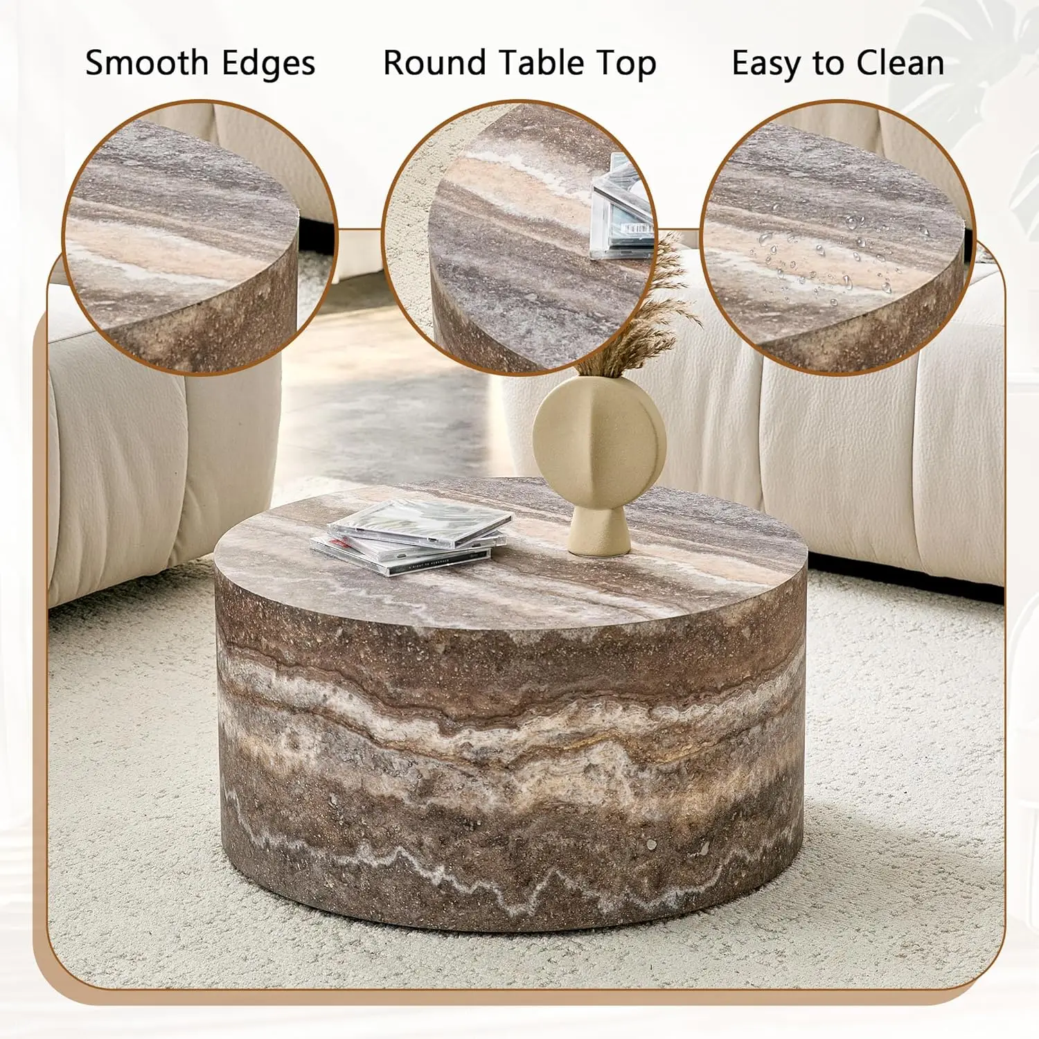Round Coffee Table, 23.6" Modern Grey Faux Marble Drum Coffee Table, Round Accent Center Table for Living Room, Customized