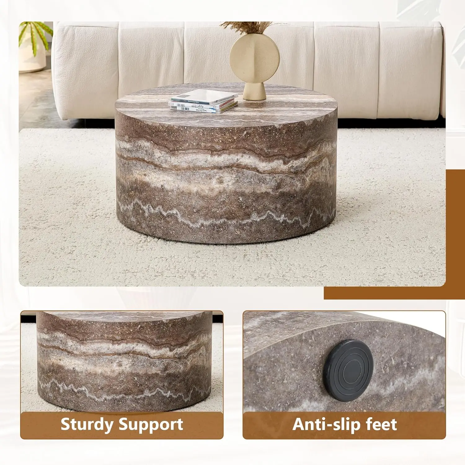 Round Coffee Table, 23.6" Modern Grey Faux Marble Drum Coffee Table, Round Accent Center Table for Living Room, Customized