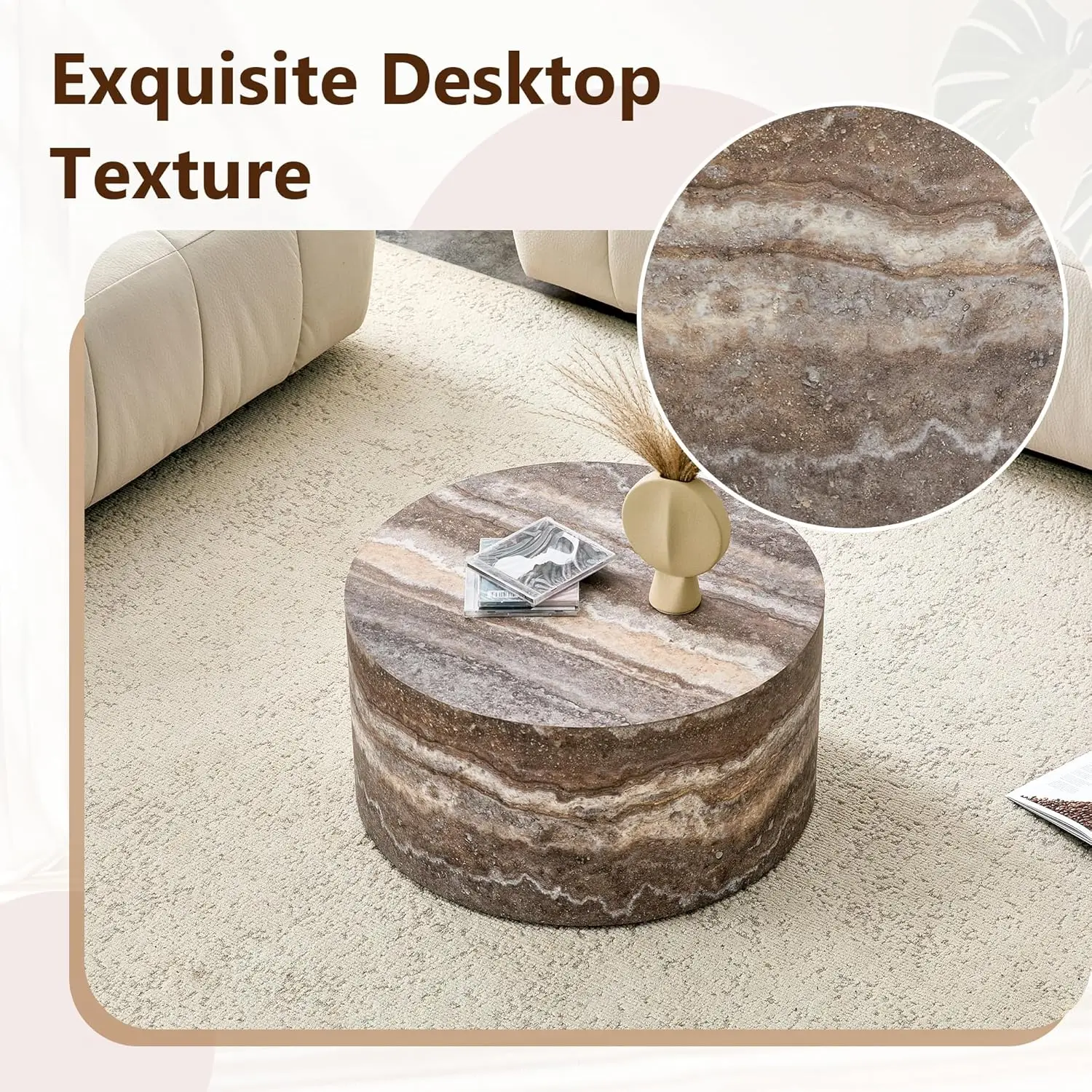 Round Coffee Table, 23.6" Modern Grey Faux Marble Drum Coffee Table, Round Accent Center Table for Living Room, Customized