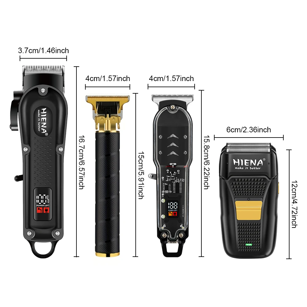 HIENA Professional Hair Clipper Set Cordless Barber Clippers with R-Type Adjustable Blade Hair Trimmer and Electric Foil shaver