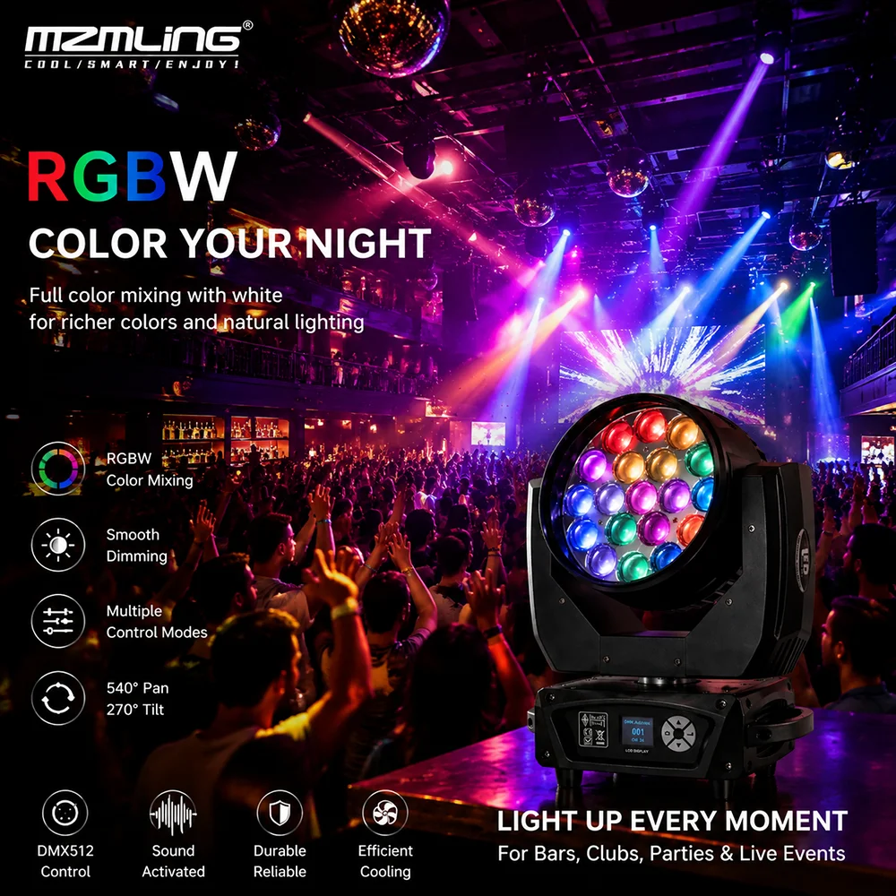 Ship From Local Warehouse 19x15w RGBW 4in1 Wash/Zoom Light With Ring Control DMX512 Moving Head Light DJ/Bar Stage Light