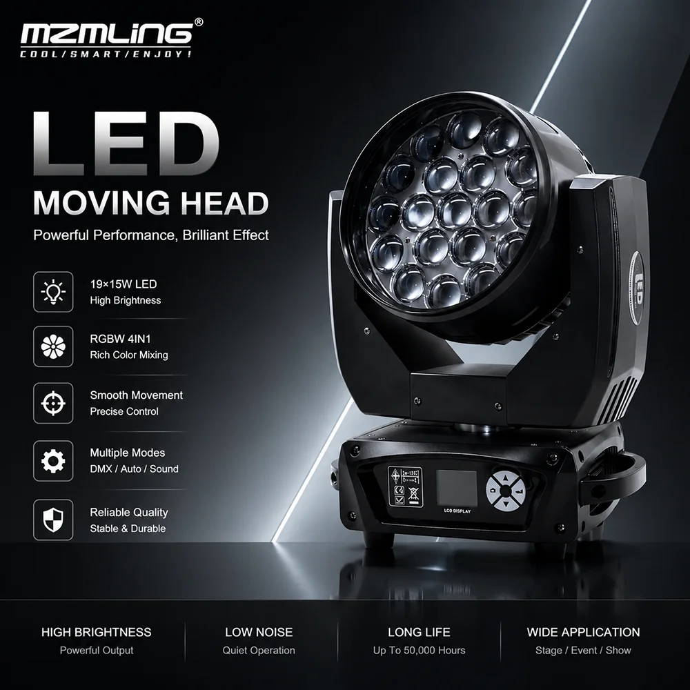 Ship From Local Warehouse 19x15w RGBW 4in1 Wash/Zoom Light With Ring Control DMX512 Moving Head Light DJ/Bar Stage Light