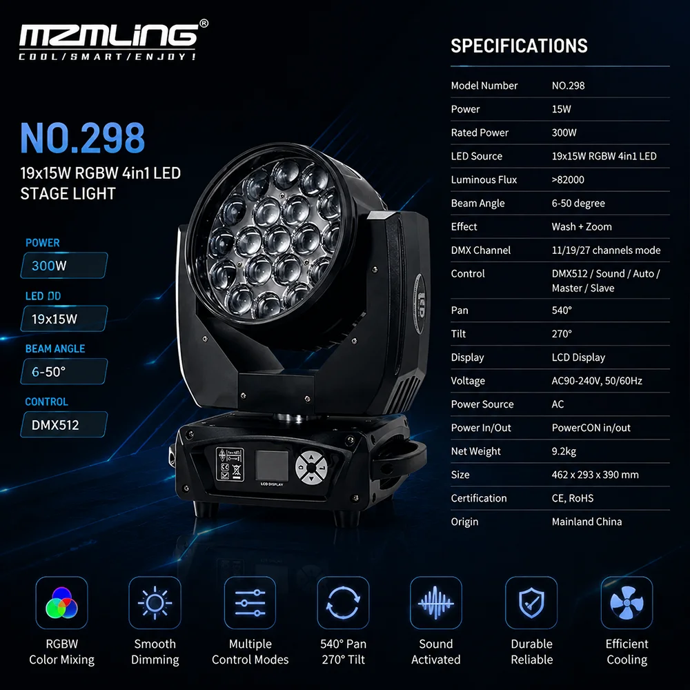 Ship From Local Warehouse 19x15w RGBW 4in1 Wash/Zoom Light With Ring Control DMX512 Moving Head Light DJ/Bar Stage Light