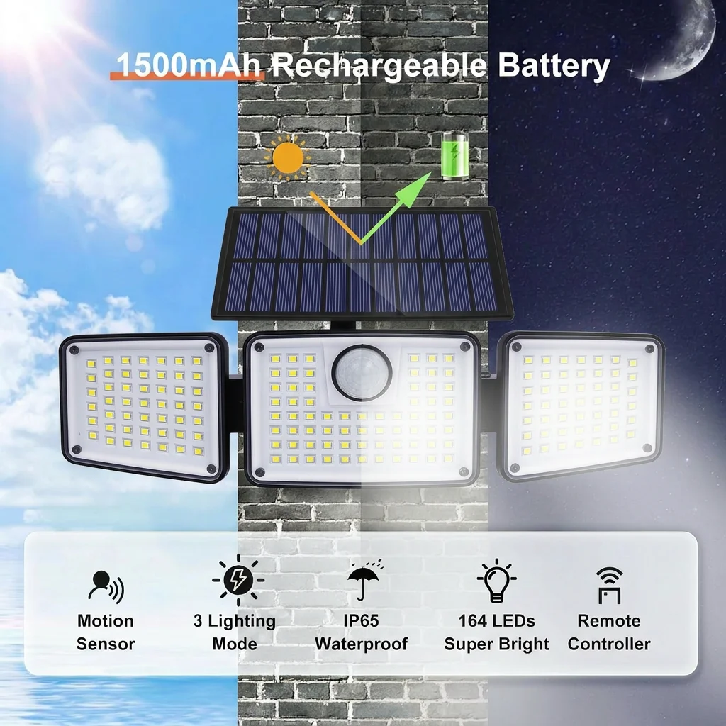 2PCS Solar Lights Outdoor Waterproof, 164LED Motion Sensor Outdoor Lights 3 Heads Security Flood Light 3 Lighting Mode for Patio