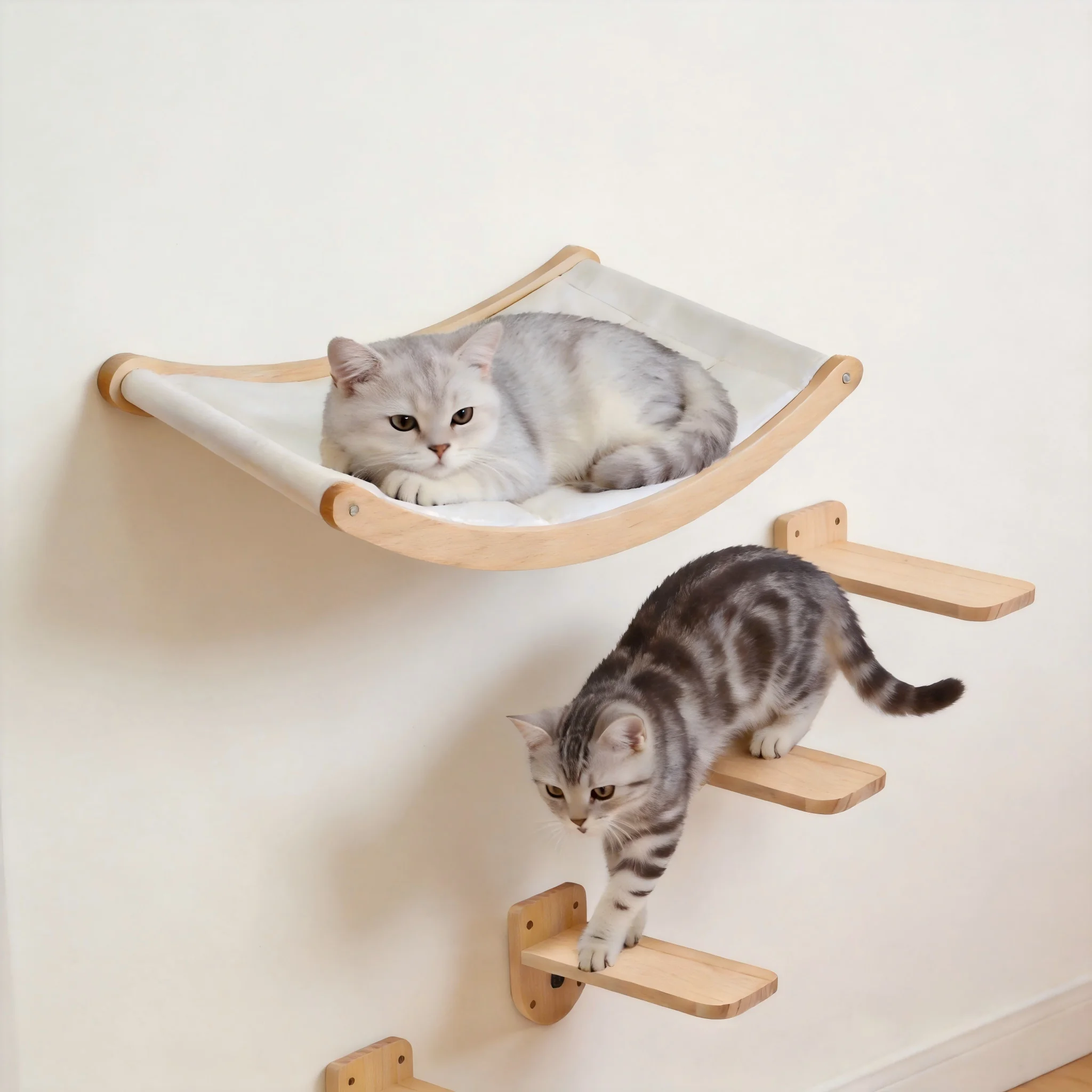 Wall Mounted Cat Hammock Set Multi Functional Climbing Shelves Perches Sisal Scratching Wooden Steps Ladder Large Cat Furniture Kit for Indoor Cats Sleeping Playing