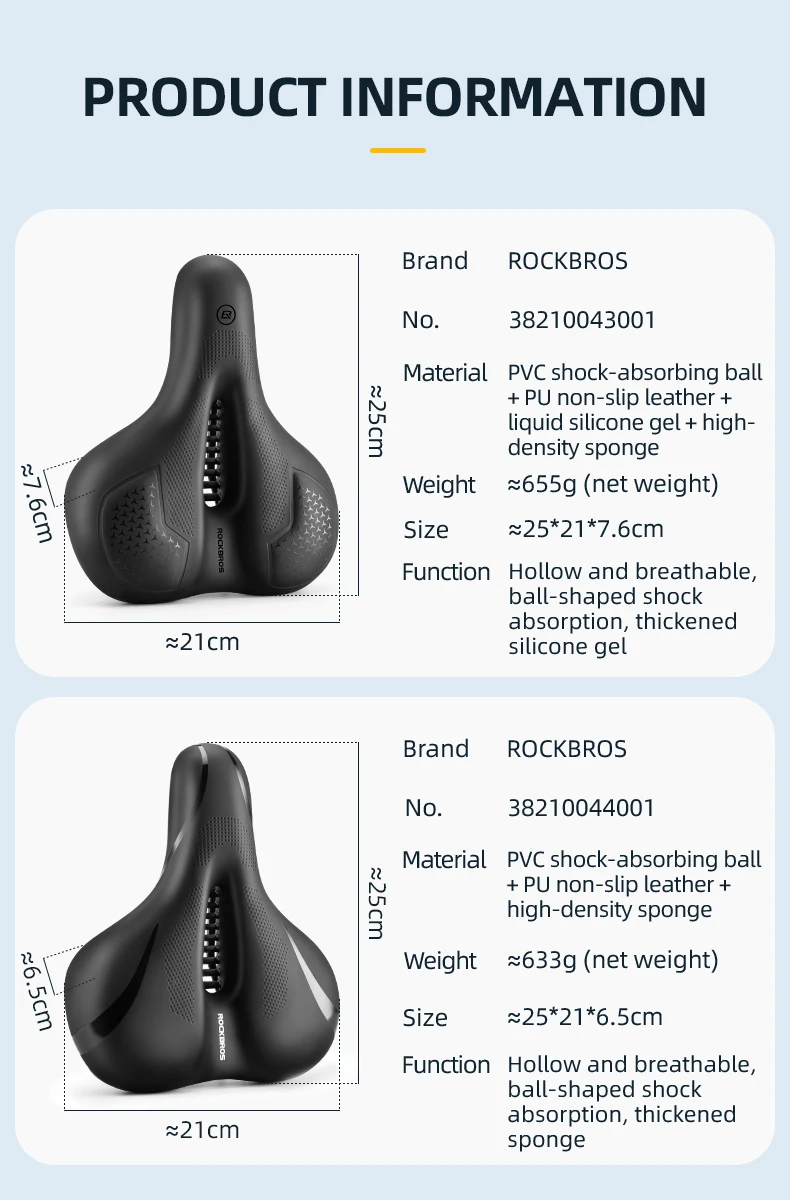 ROCKBROS Bike Saddle Silicone Cushion Shock Absorbing Comfortable Cycling Seat Hollow Breathable Thickened Sponge Bicycle Seat