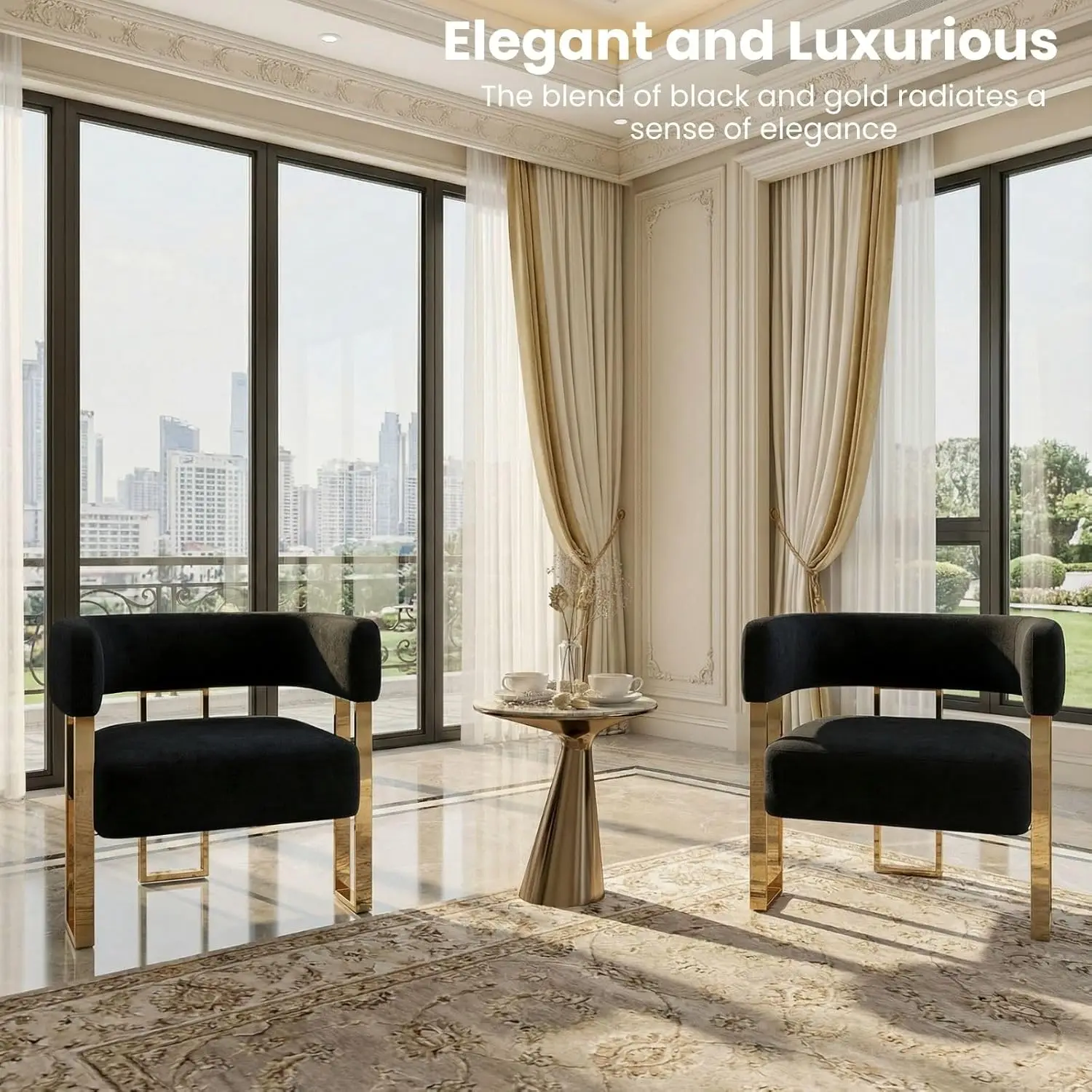 Black Velvet Barrel Accent Chair Set,Gold Metal Legs Comfy Reading Lounge Bedroom Reception,2PCS,Customized