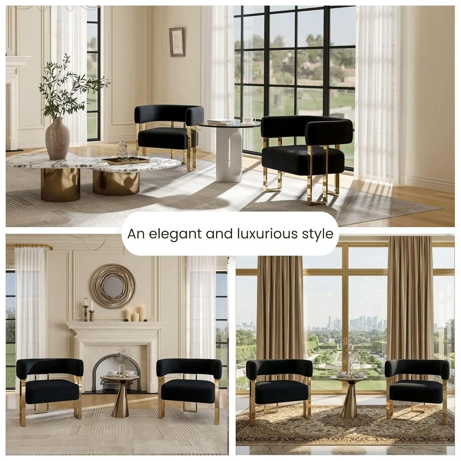 Black Velvet Barrel Accent Chair Set,Gold Metal Legs Comfy Reading Lounge Bedroom Reception,2PCS,Customized
