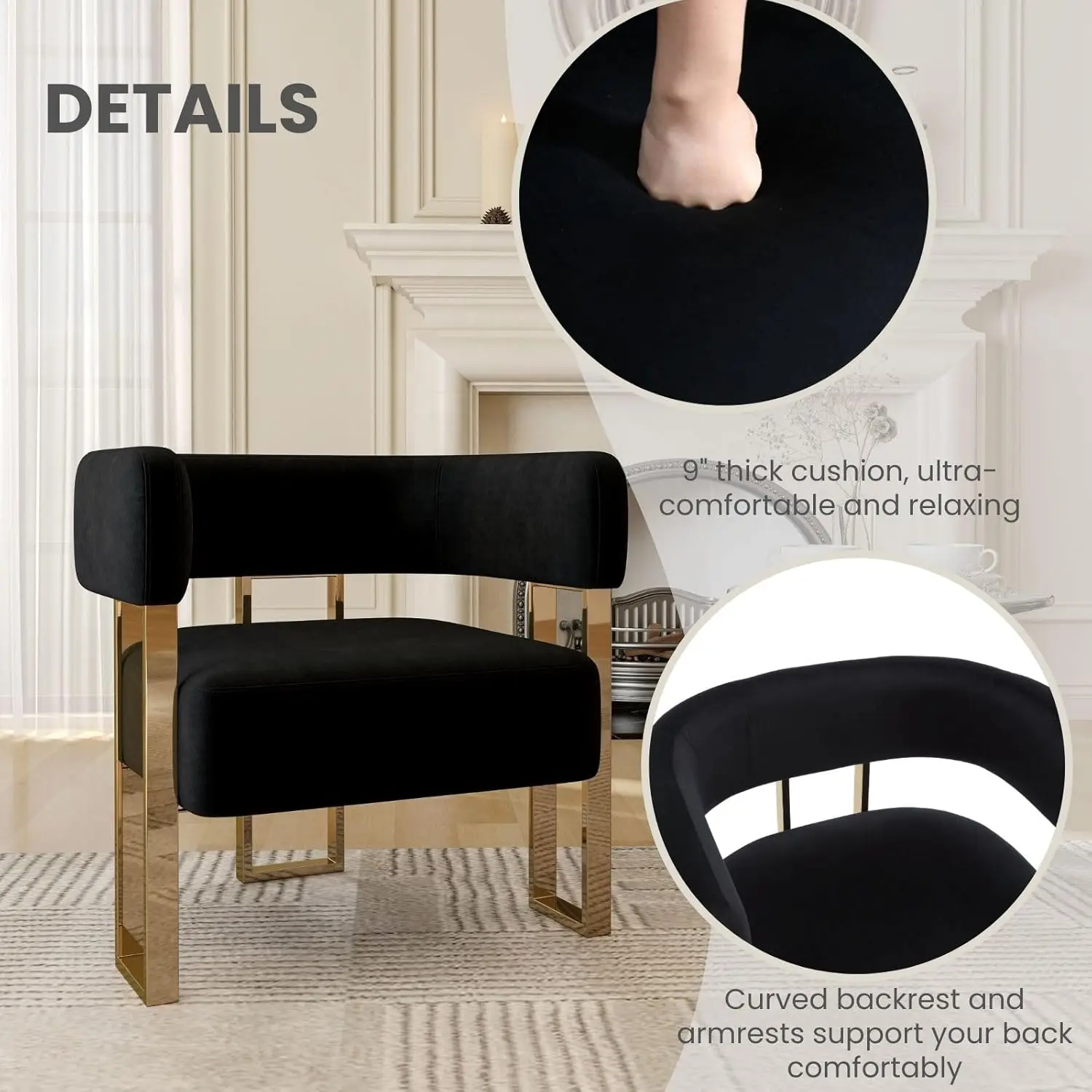 Black Velvet Barrel Accent Chair Set,Gold Metal Legs Comfy Reading Lounge Bedroom Reception,2PCS,Customized
