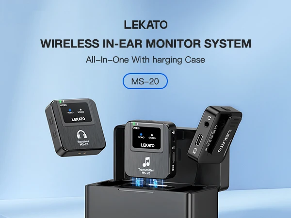 LEKATO Wireless IEM System-1 Transmitter to 10Receivers,30H Case,150ft Range for Live Band Low-Latency2.4G with OTG Input(MS-20)
