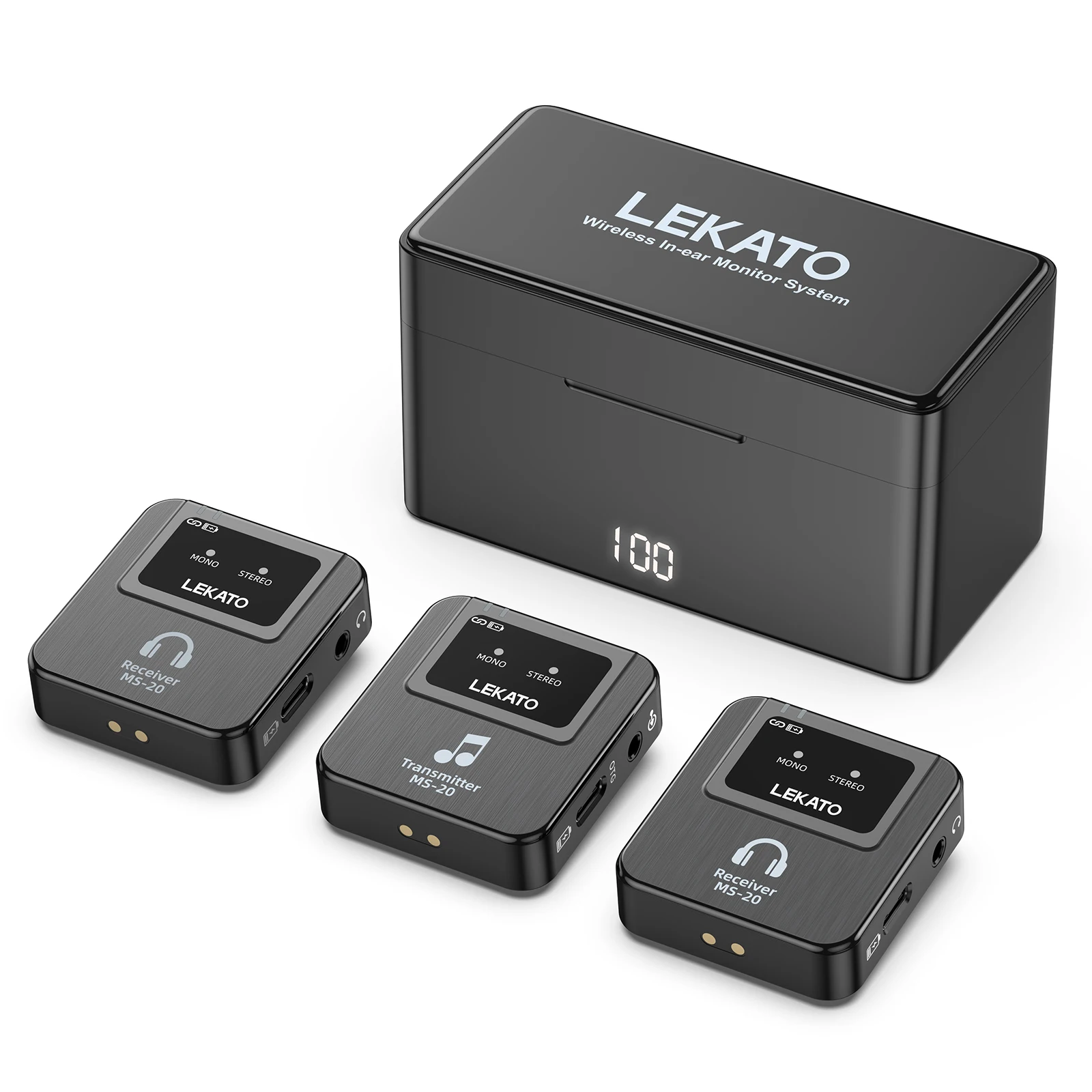 LEKATO Wireless IEM System-1 Transmitter to 10Receivers,30H Case,150ft Range for Live Band Low-Latency2.4G with OTG Input(MS-20)