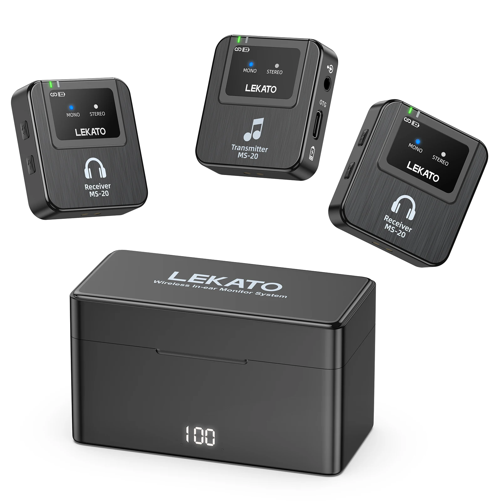 LEKATO Wireless IEM System-1 Transmitter to 10Receivers,30H Case,150ft Range for Live Band Low-Latency2.4G with OTG Input(MS-20)