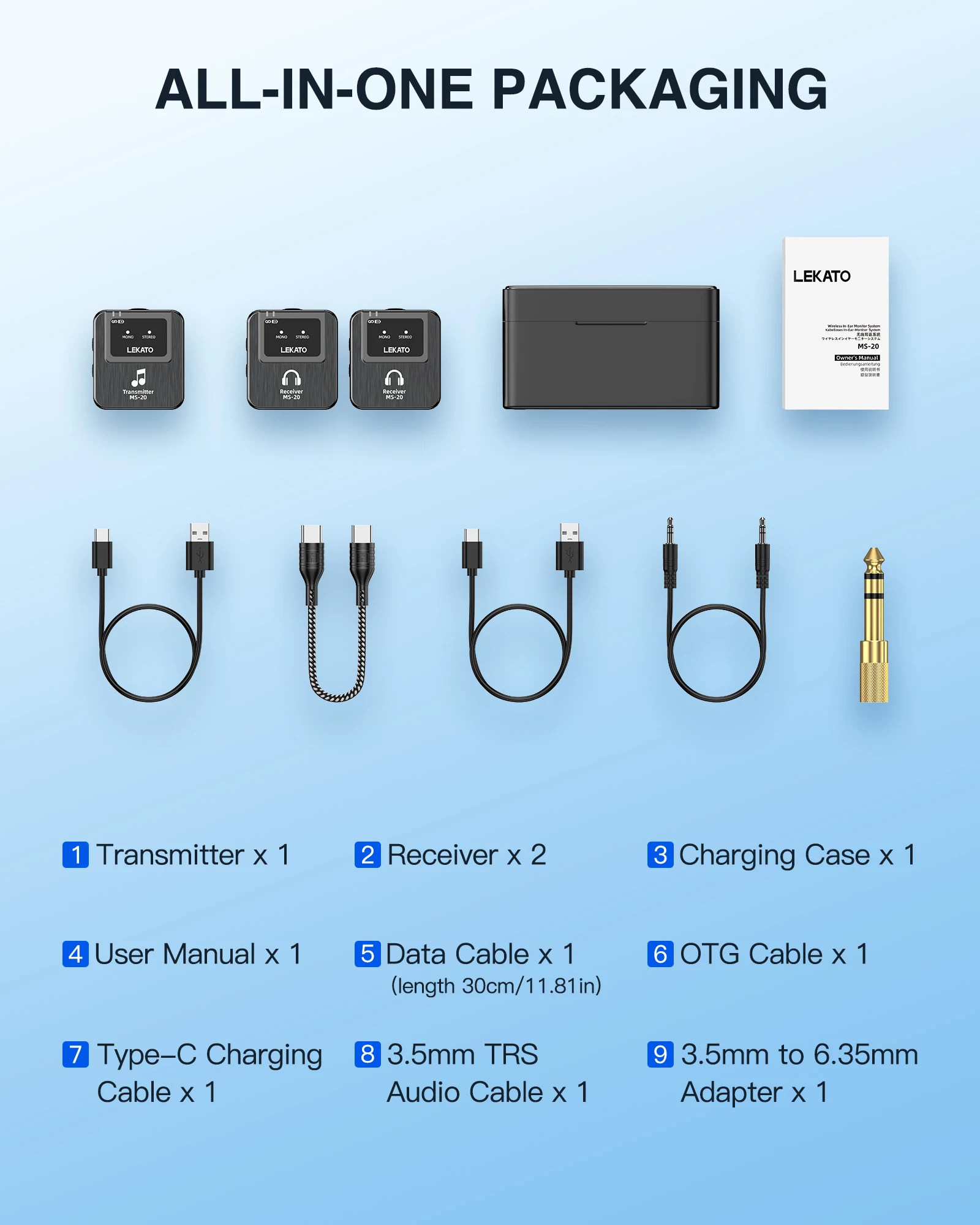 LEKATO Wireless IEM System-1 Transmitter to 10Receivers,30H Case,150ft Range for Live Band Low-Latency2.4G with OTG Input(MS-20)