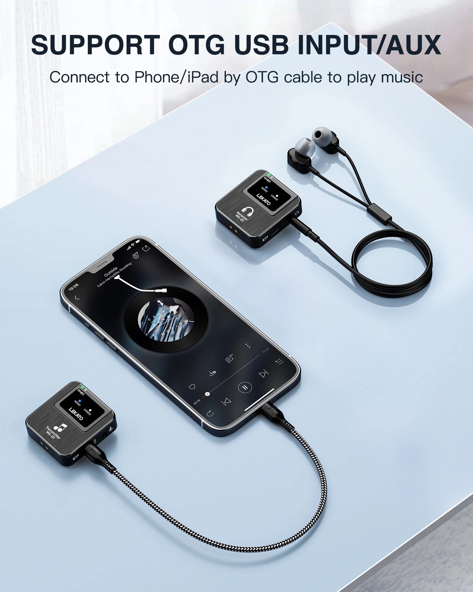 LEKATO Wireless IEM System-1 Transmitter to 10Receivers,30H Case,150ft Range for Live Band Low-Latency2.4G with OTG Input(MS-20)