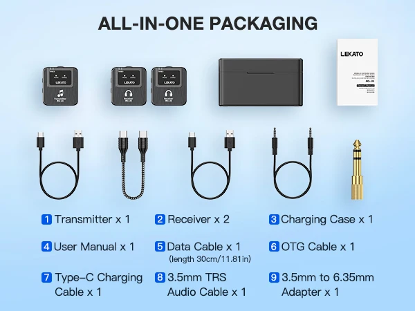 LEKATO Wireless IEM System-1 Transmitter to 10Receivers,30H Case,150ft Range for Live Band Low-Latency2.4G with OTG Input(MS-20)