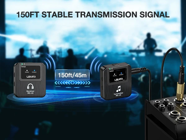 LEKATO Wireless IEM System-1 Transmitter to 10Receivers,30H Case,150ft Range for Live Band Low-Latency2.4G with OTG Input(MS-20)