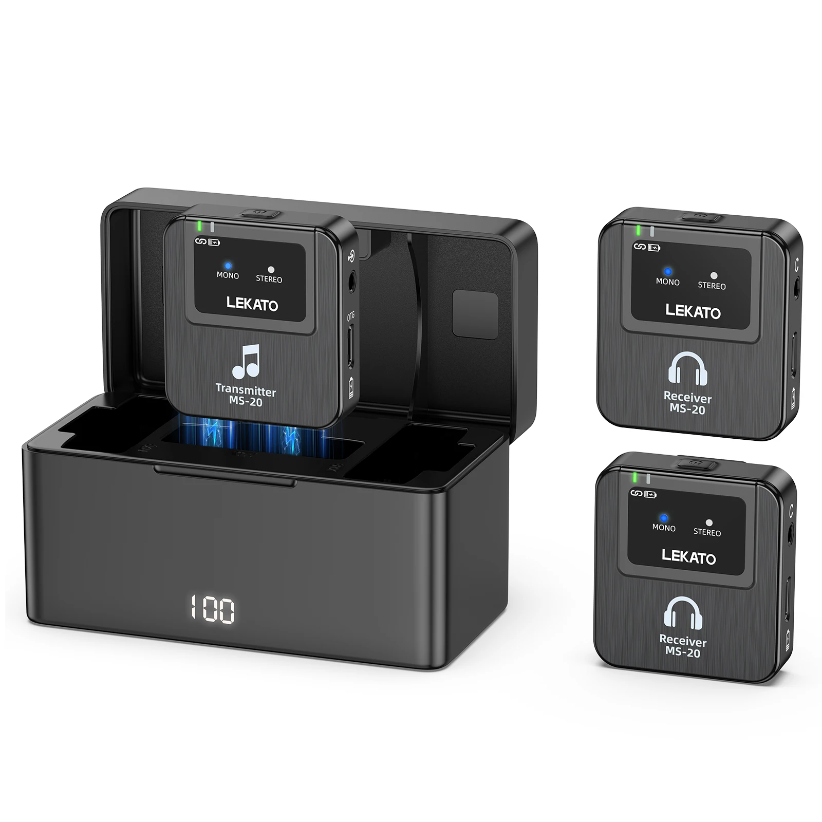 LEKATO Wireless IEM System-1 Transmitter to 10Receivers,30H Case,150ft Range for Live Band Low-Latency2.4G with OTG Input(MS-20)