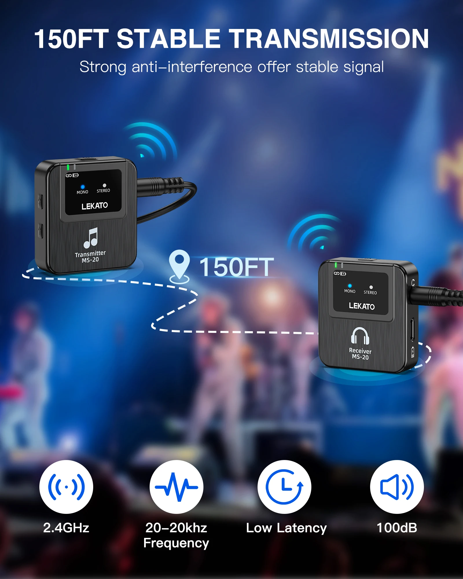 LEKATO Wireless IEM System-1 Transmitter to 10Receivers,30H Case,150ft Range for Live Band Low-Latency2.4G with OTG Input(MS-20)