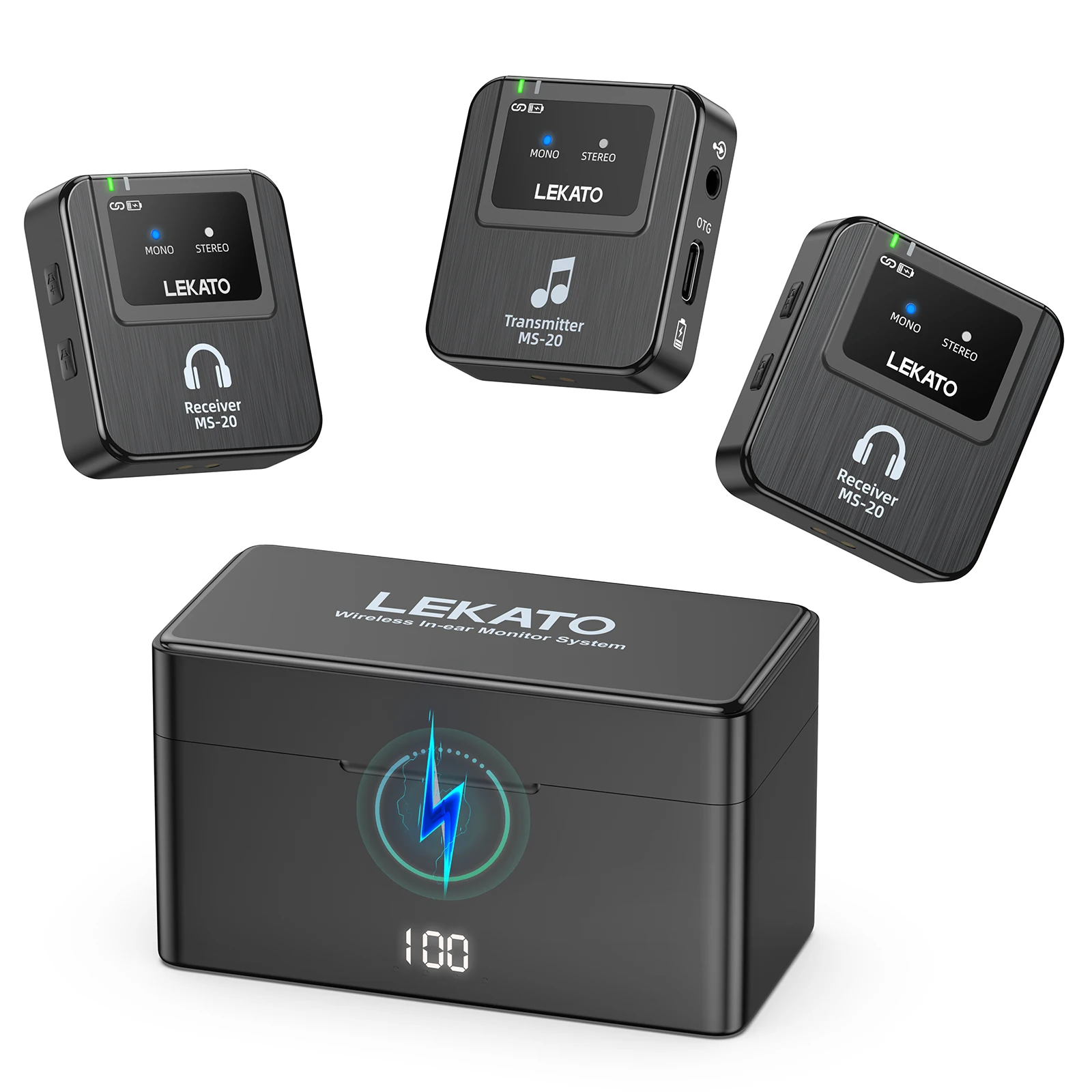 LEKATO Wireless IEM System-1 Transmitter to 10Receivers,30H Case,150ft Range for Live Band Low-Latency2.4G with OTG Input(MS-20)