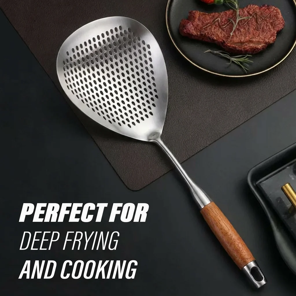 1Pc High-Temp Resistant Stainless Steel Ladle Skimmer - Heavy-Duty Fine Mesh Ergonomic Handle for Frying Hot Pot Kitchen Use