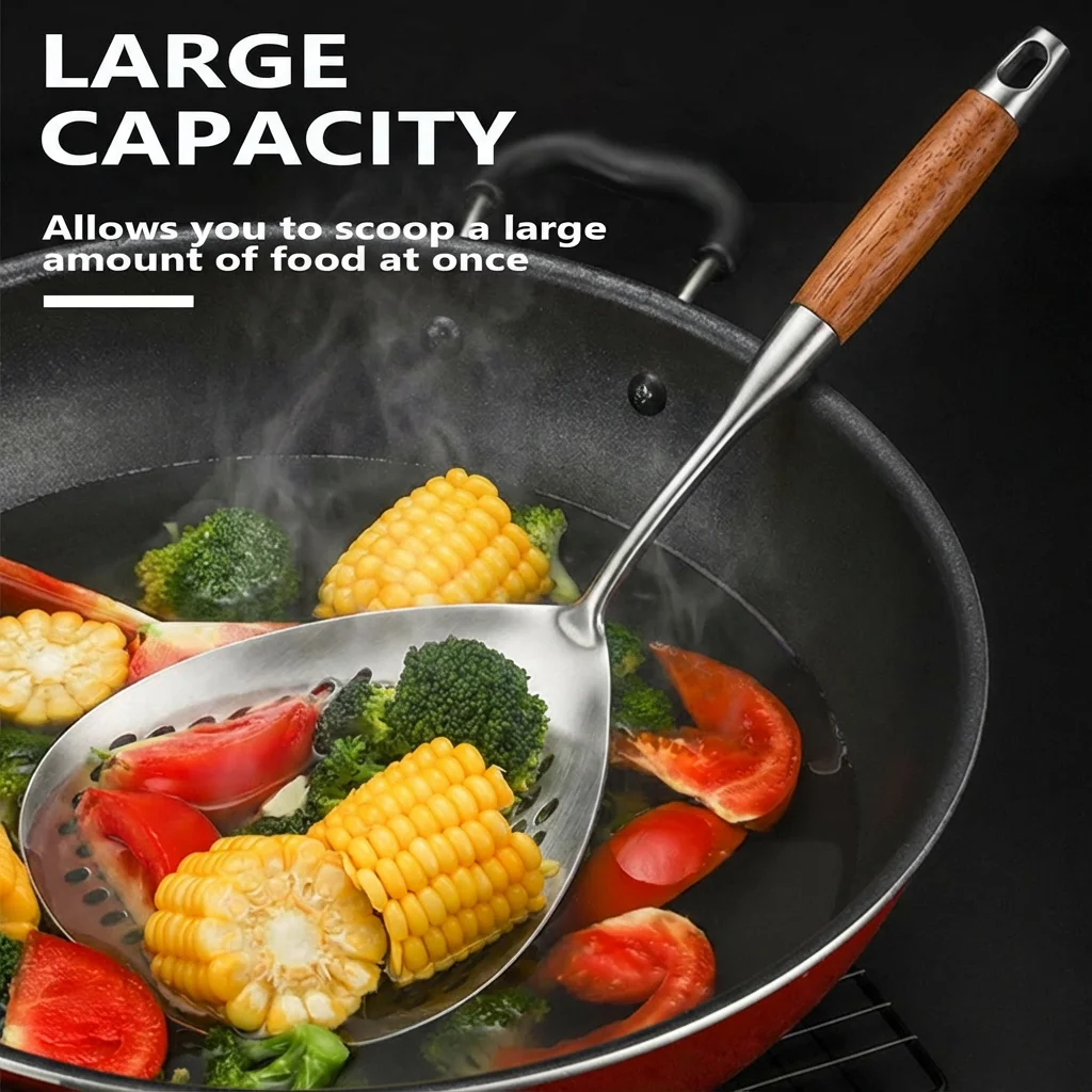 1Pc High-Temp Resistant Stainless Steel Ladle Skimmer - Heavy-Duty Fine Mesh Ergonomic Handle for Frying Hot Pot Kitchen Use