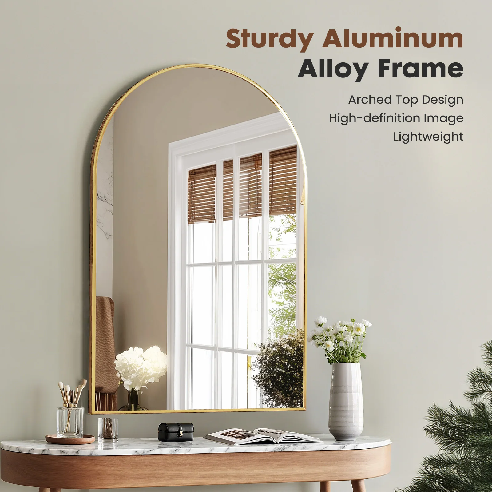 JHK 26"x38" Arched Metal Framed Bathroom Mirrors for Wall Hanging Mirror Glass Mirror Modern Wall Decor For Bedroom Entryway