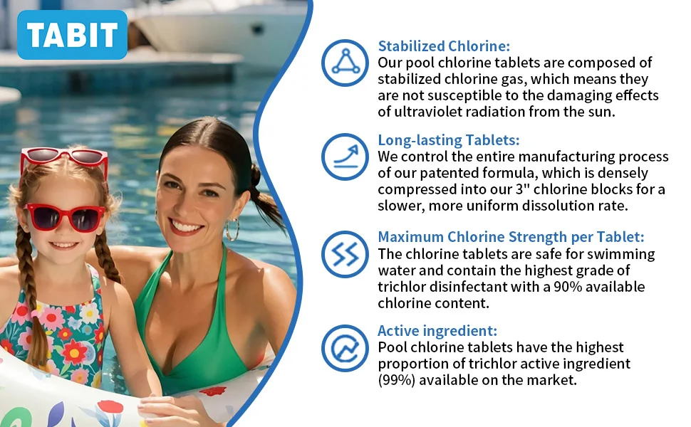 Chlorine Tablets TABIT Swimming Pool Long Lasting Chlorinating Tablets Slow Dissolving Tri-Chlor for Swim Pool