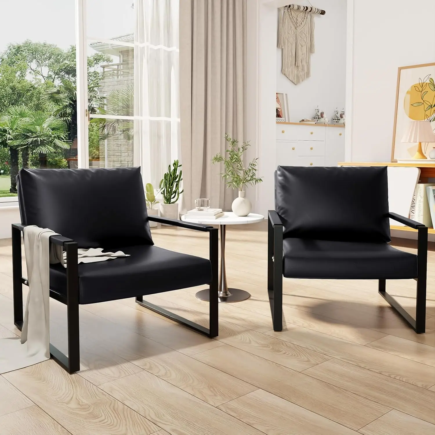 Black Faux Leather Accent Chair Set of 2 Comfortable Easy Clean for Living Room Bedroom Office, Customized