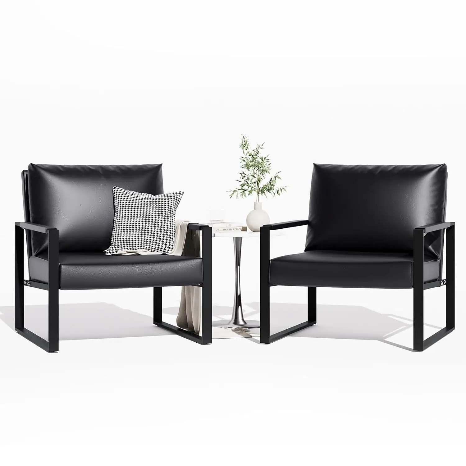 Black Faux Leather Accent Chair Set of 2 Comfortable Easy Clean for Living Room Bedroom Office, Customized