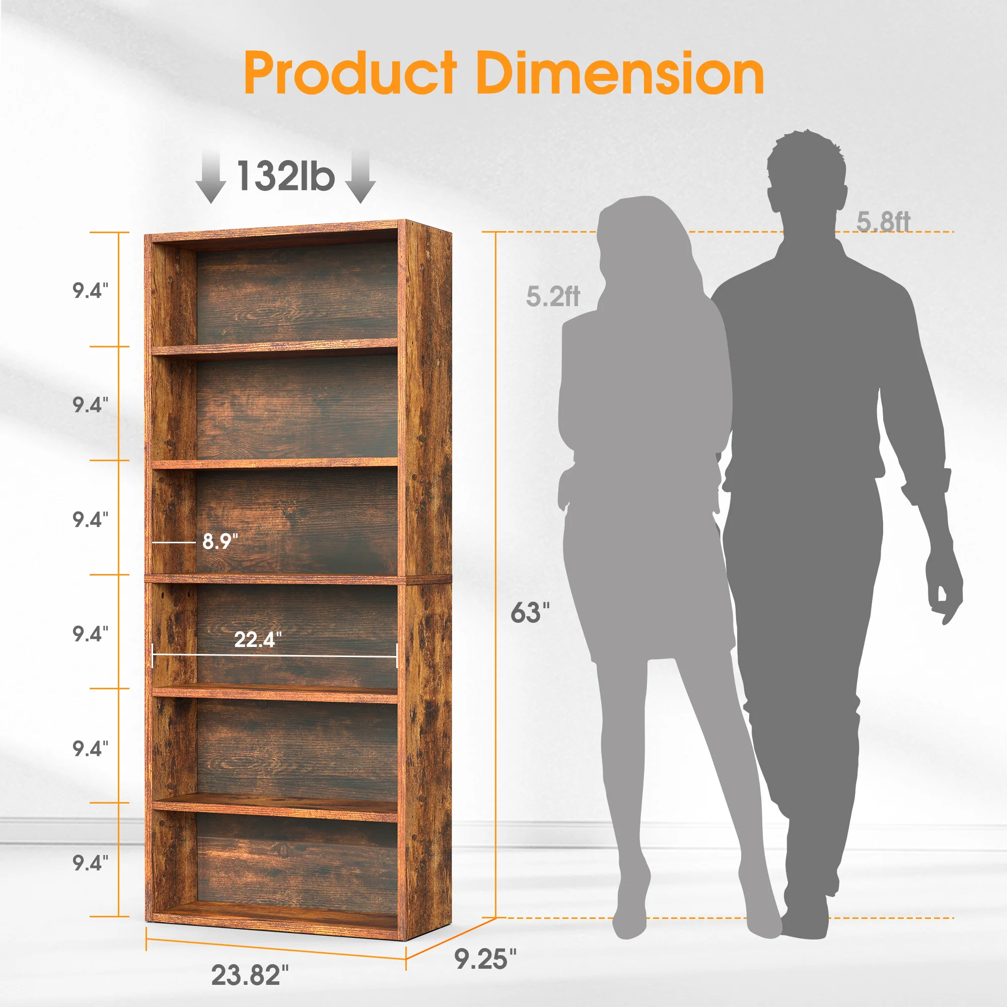 MCQ 6 Shelf Bookcase Wooden Large 63 Inch Tall Bookcase Standing Open Book Shelf Organizer Adjustable Display Storage Shelves