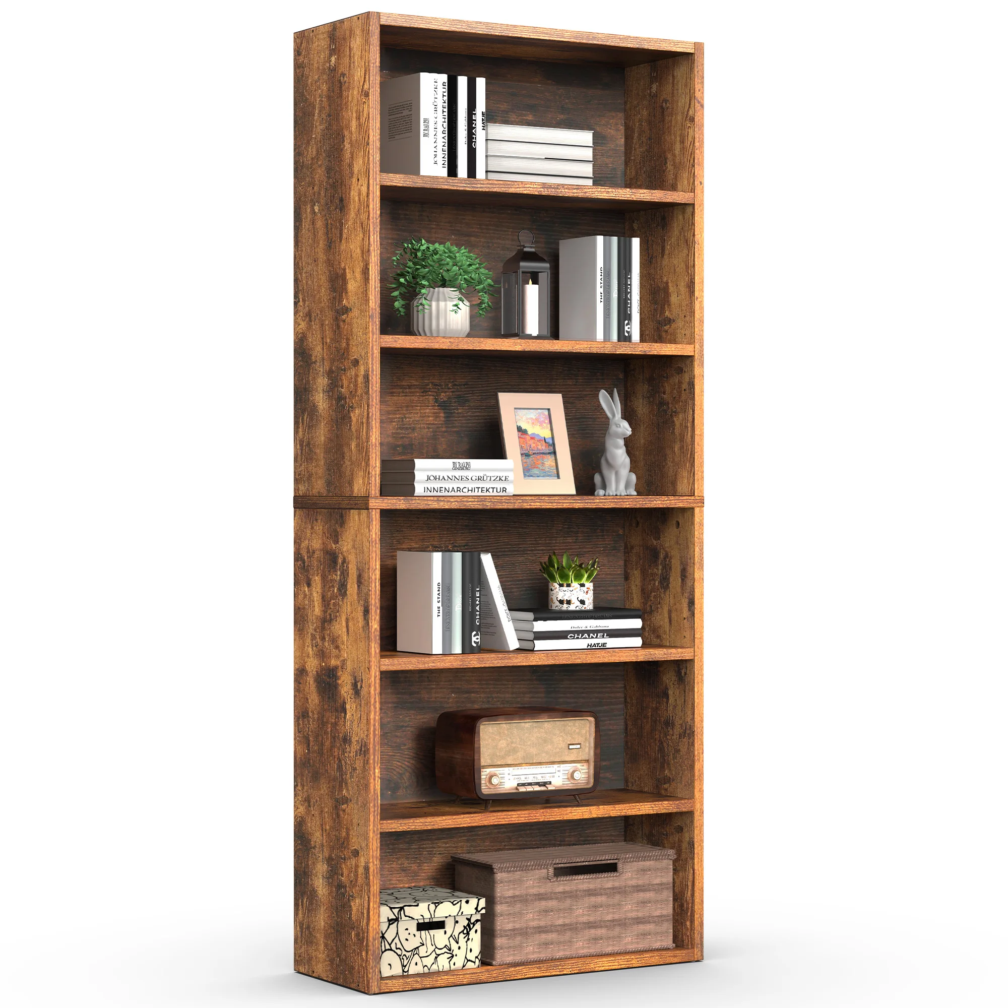 MCQ 6 Shelf Bookcase Wooden Large 63 Inch Tall Bookcase Standing Open Book Shelf Organizer Adjustable Display Storage Shelves