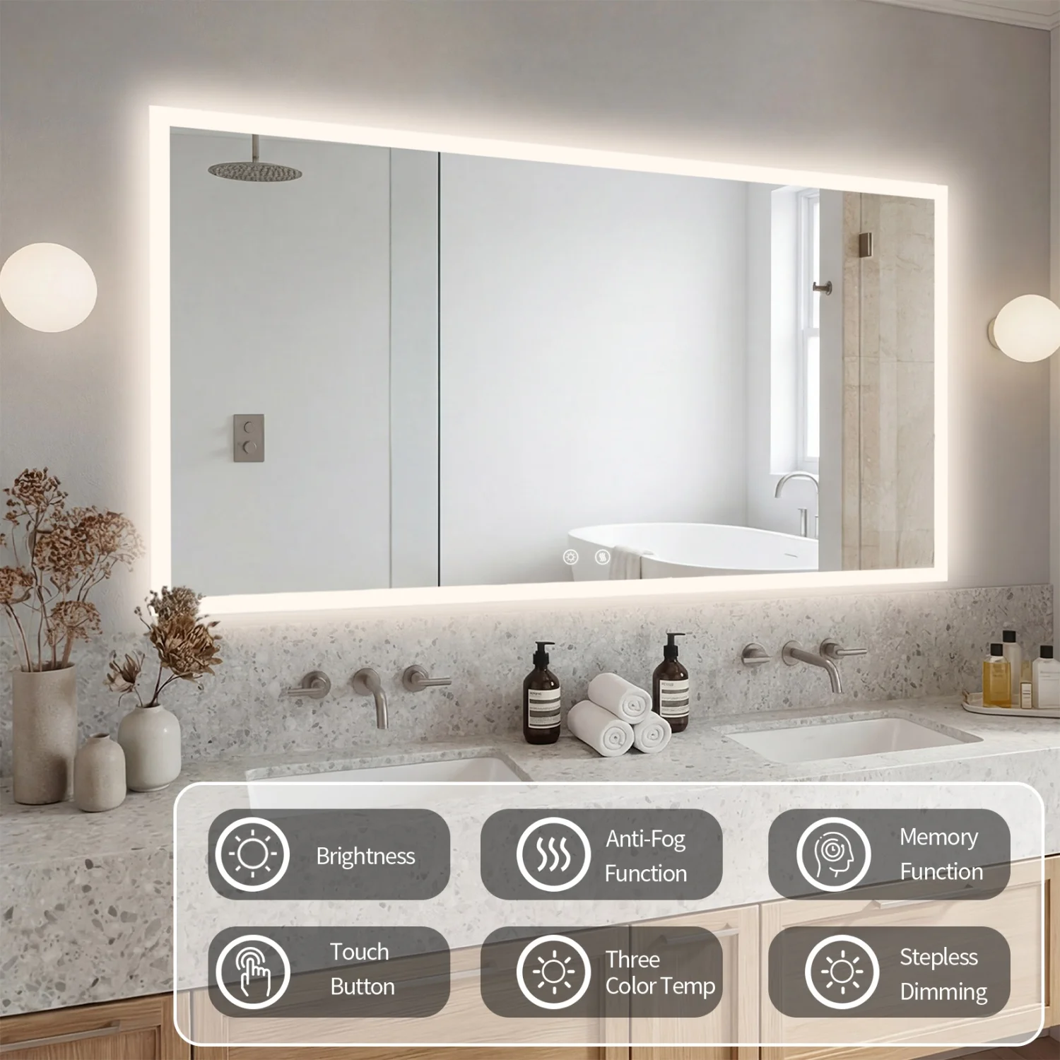 100/120CM Rectangular LED Bathroom Mirror Frameless Wall Vanity Mirror Smart Memory Function Touch Antifog 3 Colors Temperature