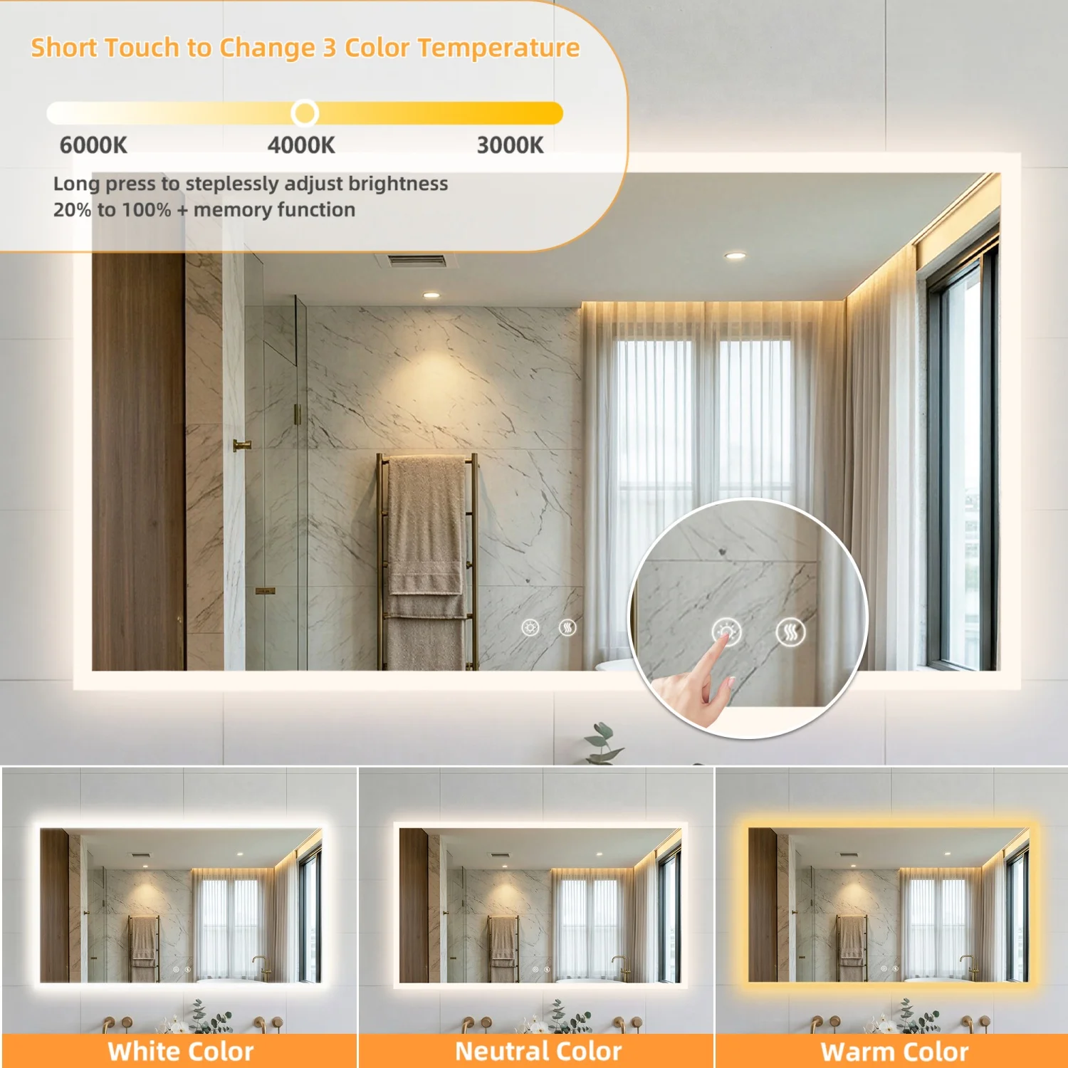 100/120CM Rectangular LED Bathroom Mirror Frameless Wall Vanity Mirror Smart Memory Function Touch Antifog 3 Colors Temperature