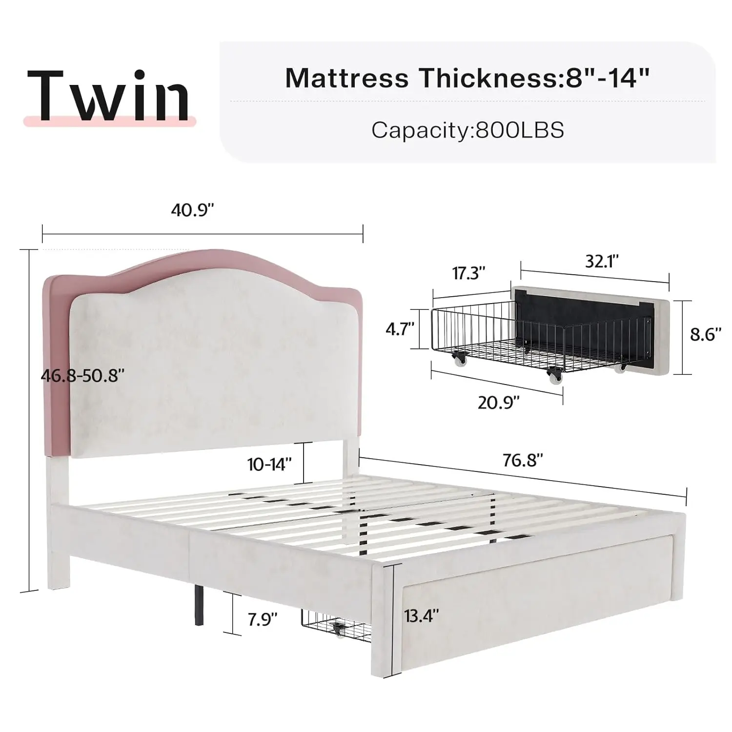 Twin Upholstered Platform Bed with Storage Drawers 51" Adjustable Velvet Headboard RGB LED Lights No Box Spring Girls Room Cream