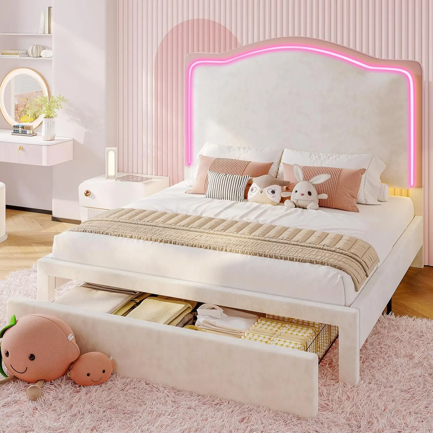 Twin Upholstered Platform Bed with Storage Drawers 51" Adjustable Velvet Headboard RGB LED Lights No Box Spring Girls Room Cream