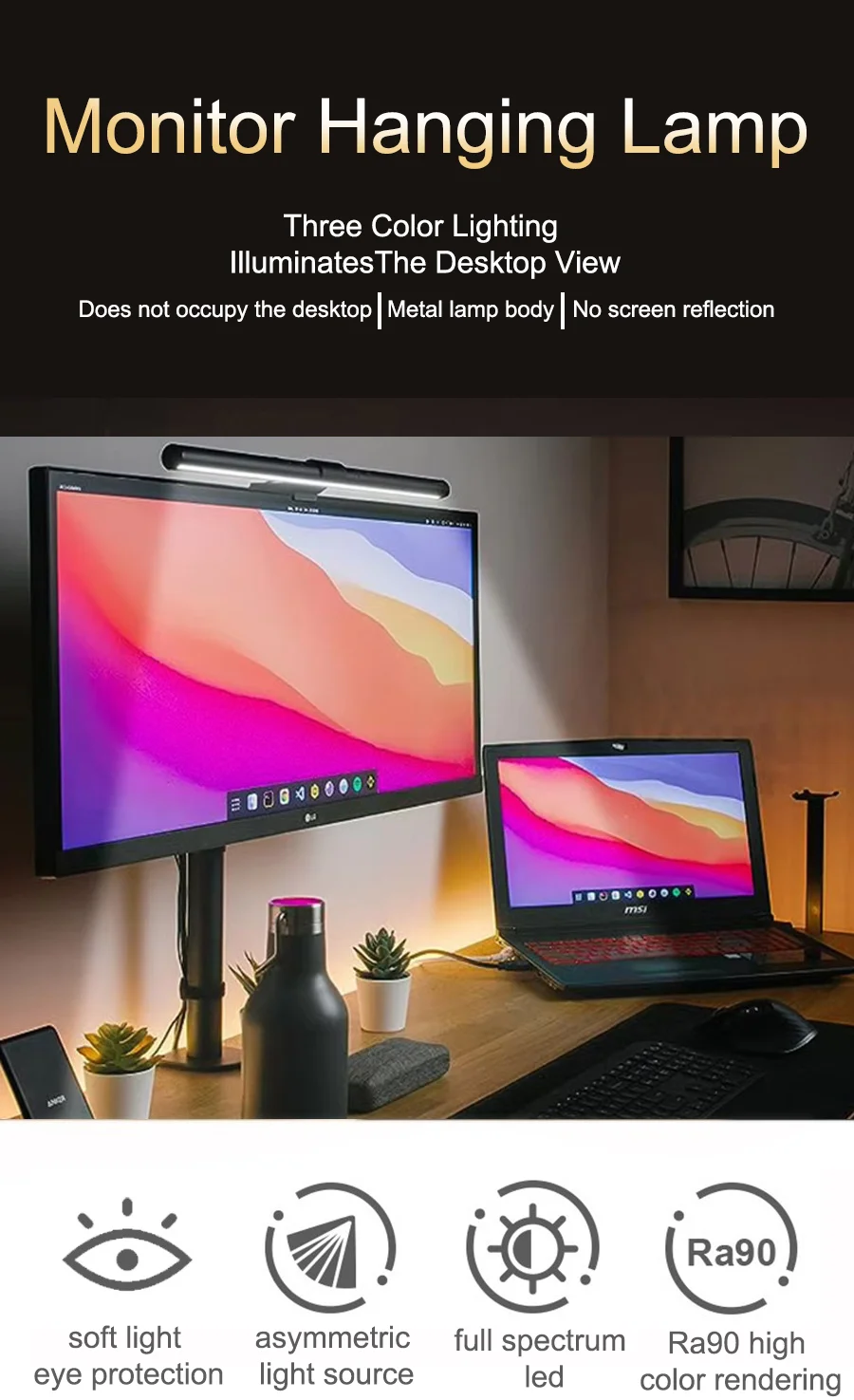 Stepless Dimmable RGB Monitor Light Bar, LED Screen Hanging Lamp with Atmosphere Lighting for Gaming & Study