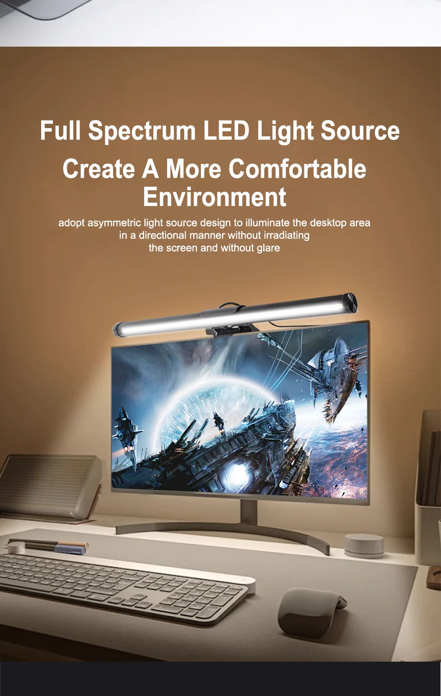 Stepless Dimmable RGB Monitor Light Bar, LED Screen Hanging Lamp with Atmosphere Lighting for Gaming & Study