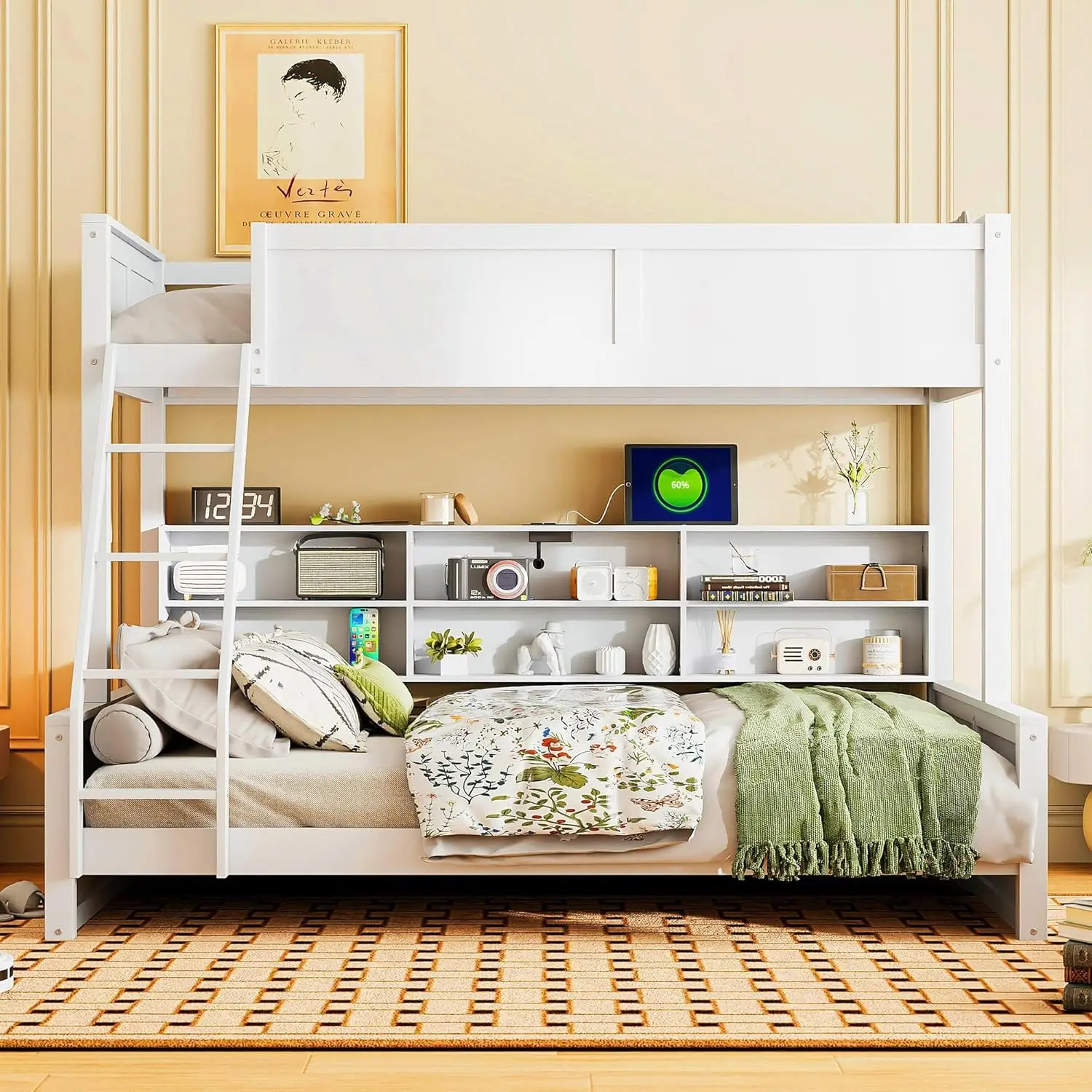 Twin XL Over Queen Bunk Bed Storage USB Kids Teens Bedroom Antique White Customized