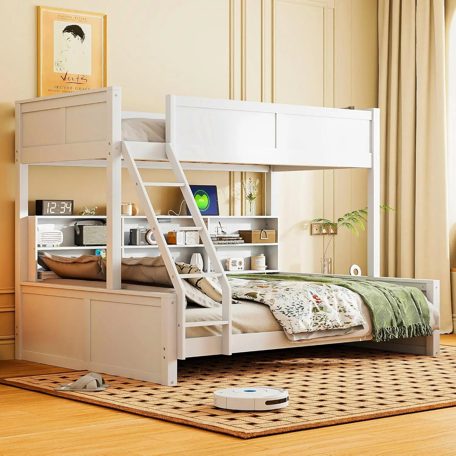 Twin XL Over Queen Bunk Bed Storage USB Kids Teens Bedroom Antique White Customized