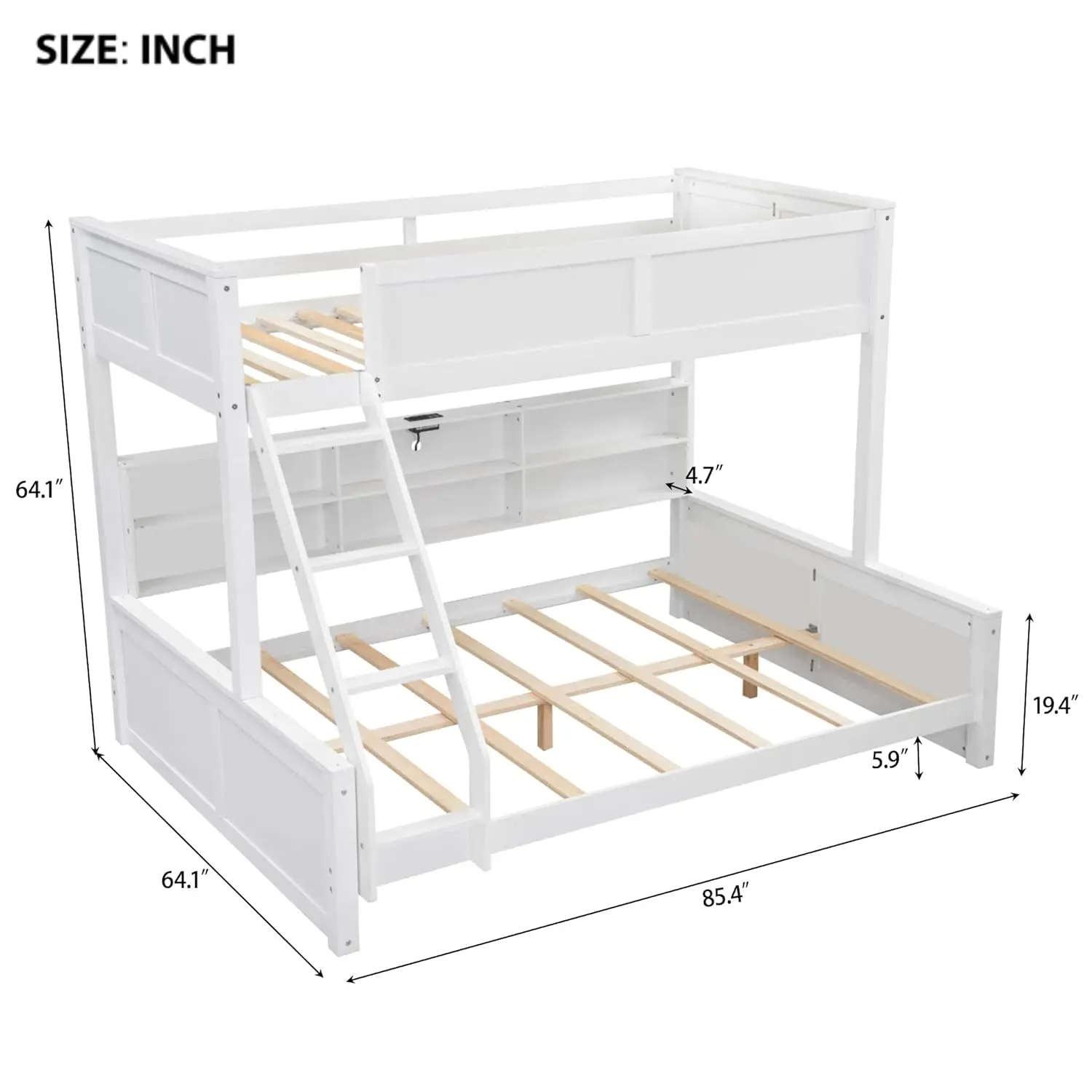 Twin XL Over Queen Bunk Bed Storage USB Kids Teens Bedroom Antique White Customized
