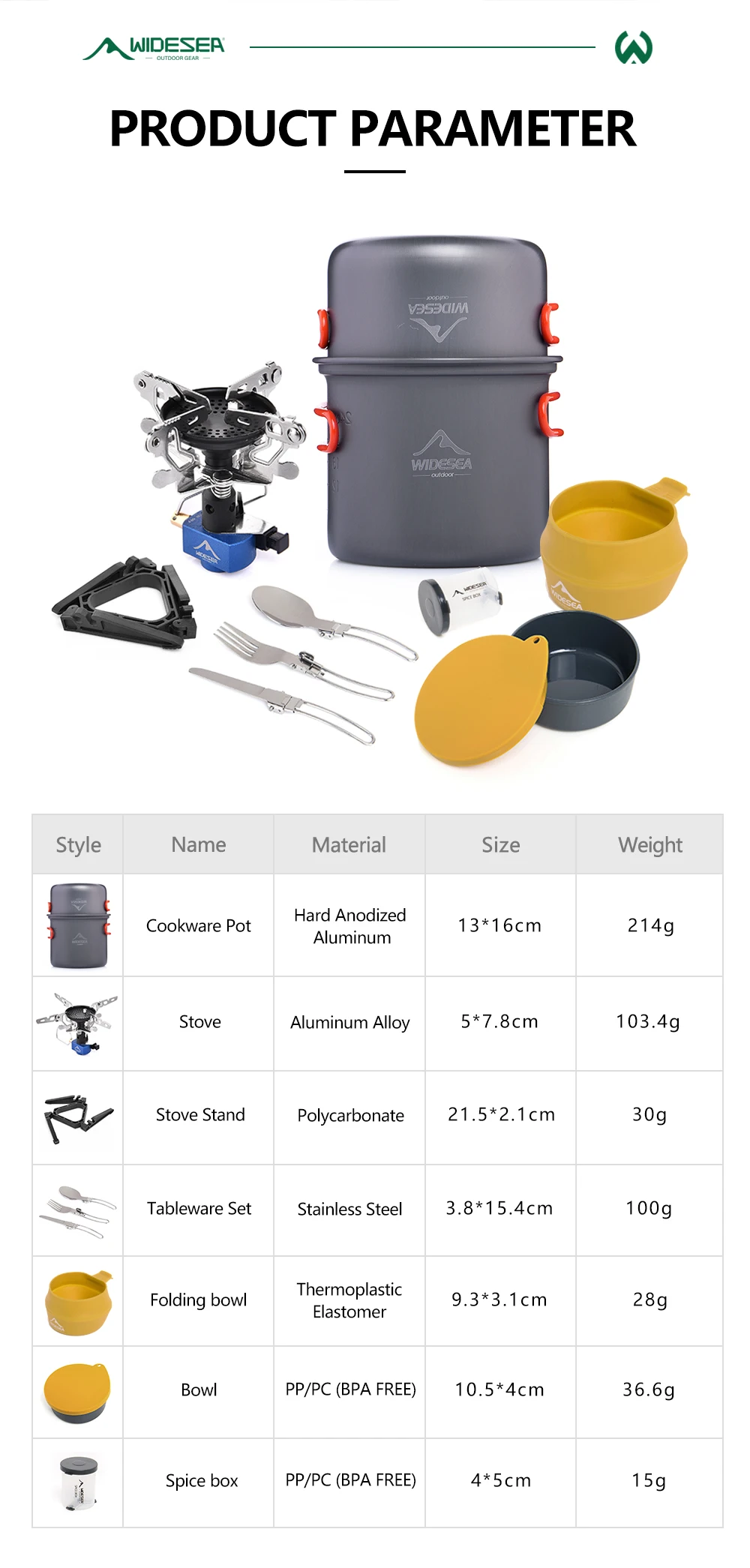 Widesea Camping Gas Stove Tableware Set Portable Gear Tourist Gadgets Kitchen Stuff Cooking Survival Camper Accessories Supplies